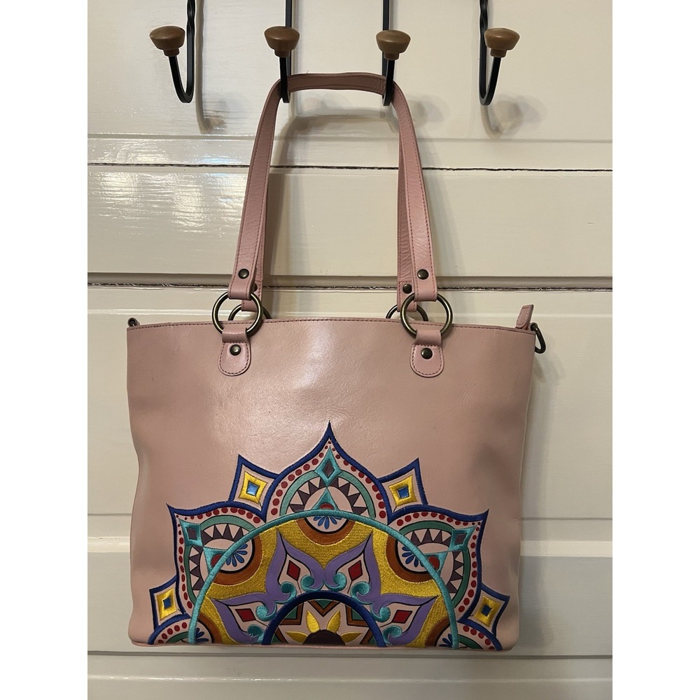 NEW Anuschka Embroidered Handpainted Leather Pink Tote Purse Crossbody Mandella